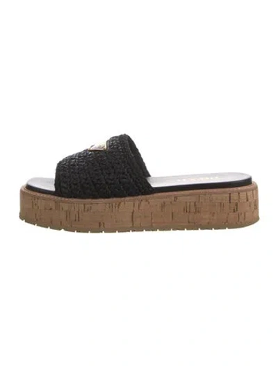 Pre-owned Prada Enameled Metal Triangle Raffia Slides In Black