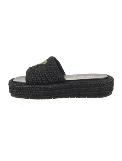 Pre-owned Prada Enameled Metal Triangle Raffia Slides In Black