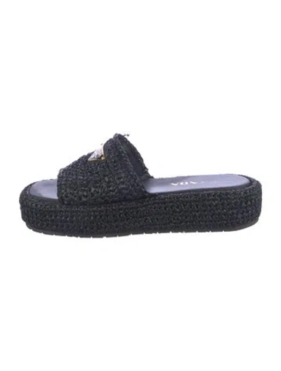 Pre-owned Prada Enameled Metal Triangle Raffia Slides In Blue