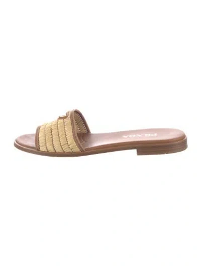 Pre-owned Prada Enameled Metal Triangle Raffia Slides In Brown