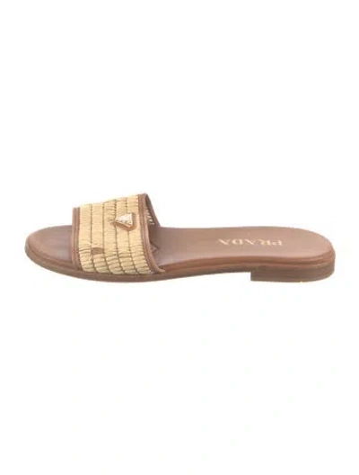 Pre-owned Prada Enameled Metal Triangle Raffia Slides In Neutral