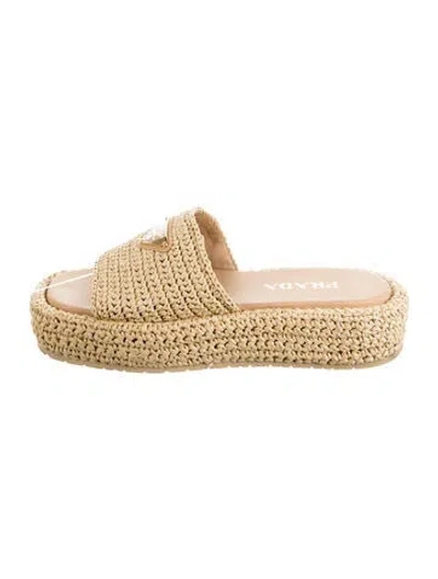 Pre-owned Prada Enameled Metal Triangle Raffia Slides In Neutral