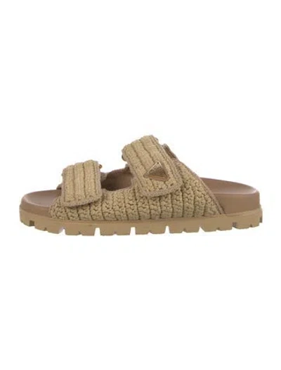 Pre-owned Prada Enameled Metal Triangle Raffia Slides In Neutrals