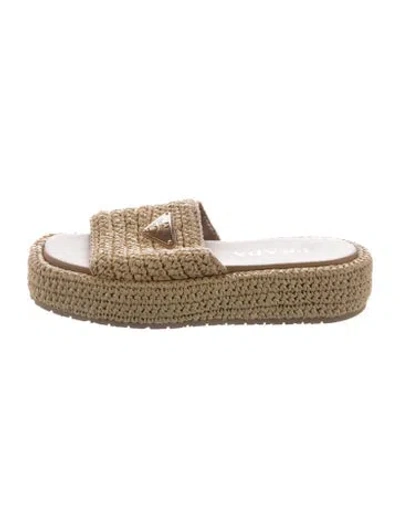 Pre-owned Prada Enameled Metal Triangle Raffia Slides In Neutrals