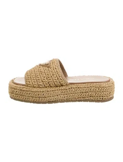 Pre-owned Prada Enameled Metal Triangle Raffia Slides In Neutrals