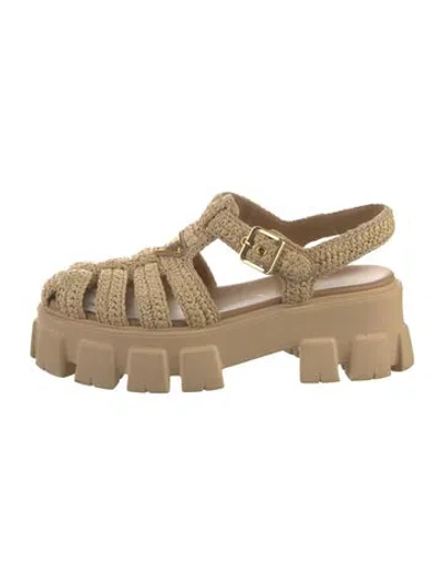 Pre-owned Prada Enameled Metal Triangle Raffia Slingback Sandals In Neutral
