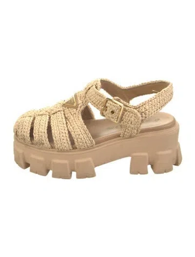Pre-owned Prada Enameled Metal Triangle Raffia Slingback Sandals In Neutral