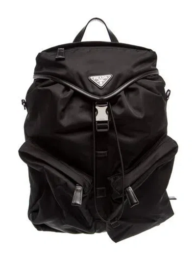 Pre-owned Prada Enameled Metal Triangle Re-nylon Backpack In Black