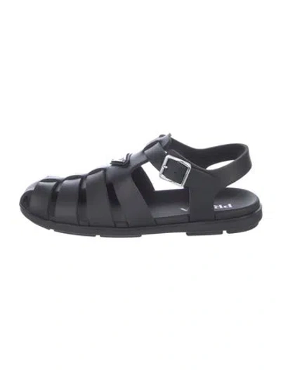 Pre-owned Prada Enameled Metal Triangle Rubber Flats In Black
