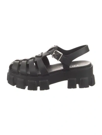 Pre-owned Prada Enameled Metal Triangle Rubber Flats In Black