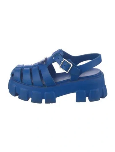 Pre-owned Prada Enameled Metal Triangle Rubber Flats In Blue