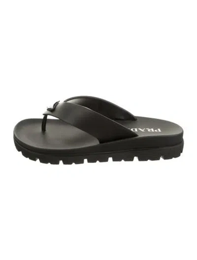 Pre-owned Prada Enameled Metal Triangle Rubber Flip Flops In Black