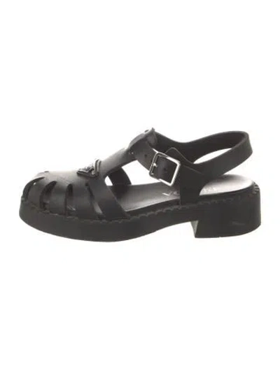 Pre-owned Prada Enameled Metal Triangle Rubber Gladiator Sandals In Black