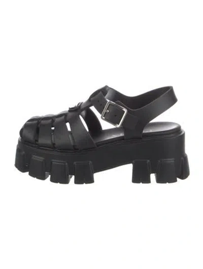 Pre-owned Prada Enameled Metal Triangle Rubber Gladiator Sandals In Black