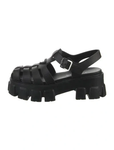 Pre-owned Prada Enameled Metal Triangle Rubber Gladiator Sandals In Black