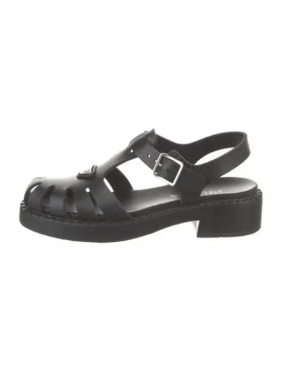 Pre-owned Prada Enameled Metal Triangle Rubber Gladiator Sandals In Black