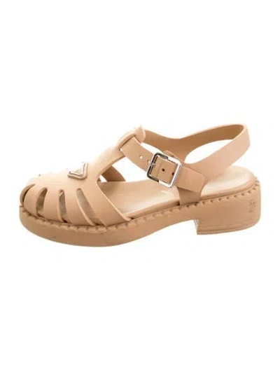 Pre-owned Prada Enameled Metal Triangle Rubber Gladiator Sandals In Neutrals