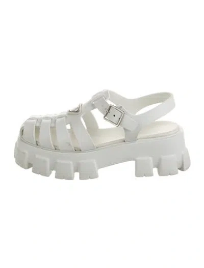 Pre-owned Prada Enameled Metal Triangle Rubber Gladiator Sandals In White