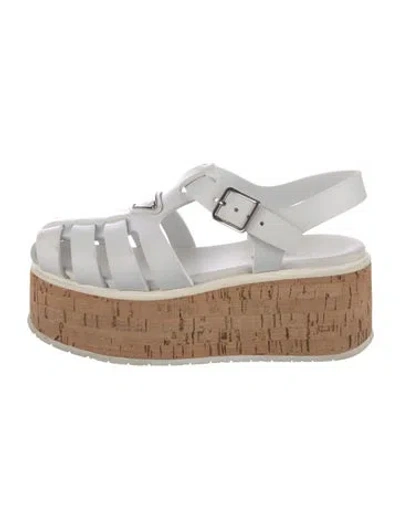 Pre-owned Prada Enameled Metal Triangle Rubber Gladiator Sandals In White