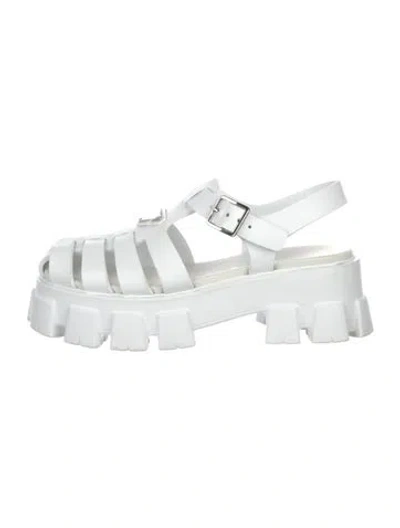 Pre-owned Prada Enameled Metal Triangle Rubber Gladiator Sandals In White