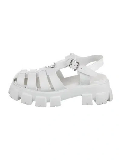 Pre-owned Prada Enameled Metal Triangle Rubber Gladiator Sandals In White