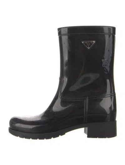 Pre-owned Prada Enameled Metal Triangle Rubber Rain Boots In Black