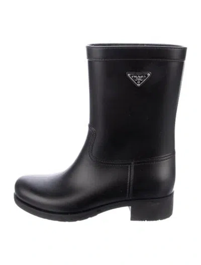 Pre-owned Prada Enameled Metal Triangle Rubber Rain Boots In Black