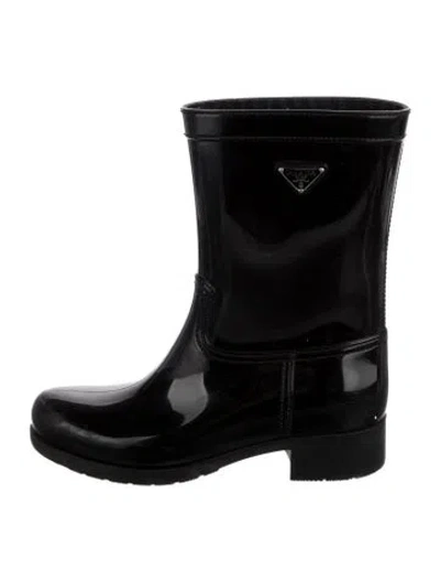 Pre-owned Prada Enameled Metal Triangle Rubber Rain Boots In Black