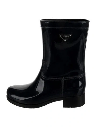 Pre-owned Prada Enameled Metal Triangle Rubber Rain Boots In Blue