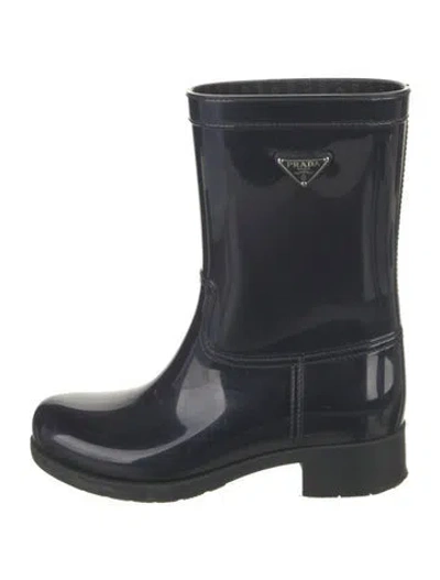 Pre-owned Prada Enameled Metal Triangle Rubber Rain Boots In Blue