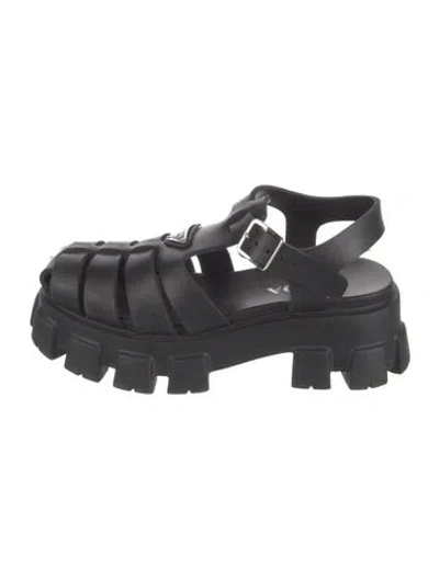Pre-owned Prada Enameled Metal Triangle Rubber Sandals In Black