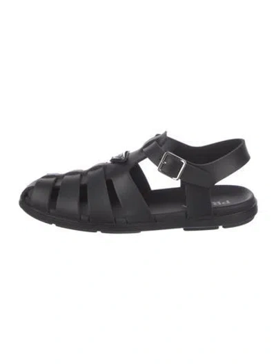 Pre-owned Prada Enameled Metal Triangle Rubber Sandals In Black