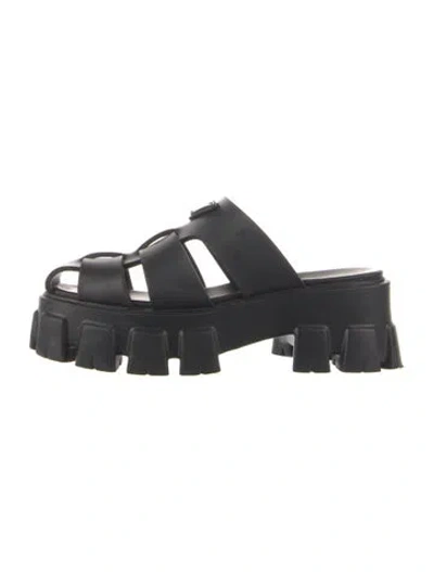 Pre-owned Prada Enameled Metal Triangle Rubber Sandals In Black
