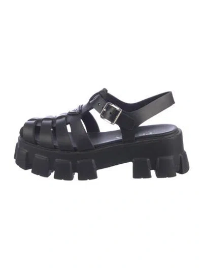 Pre-owned Prada Enameled Metal Triangle Rubber Sandals In Black