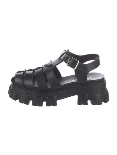 Pre-owned Prada Enameled Metal Triangle Rubber Sandals In Black