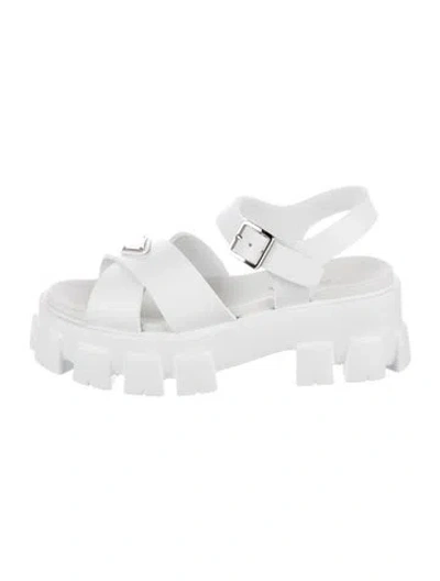 Pre-owned Prada Enameled Metal Triangle Rubber Sandals In White