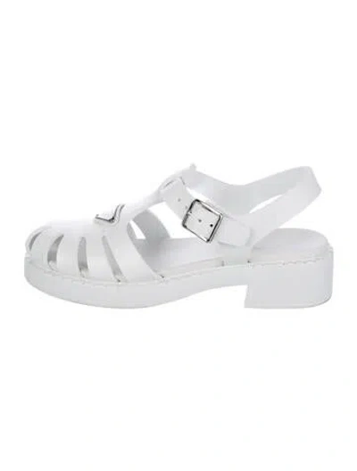 Pre-owned Prada Enameled Metal Triangle Rubber Sandals In White