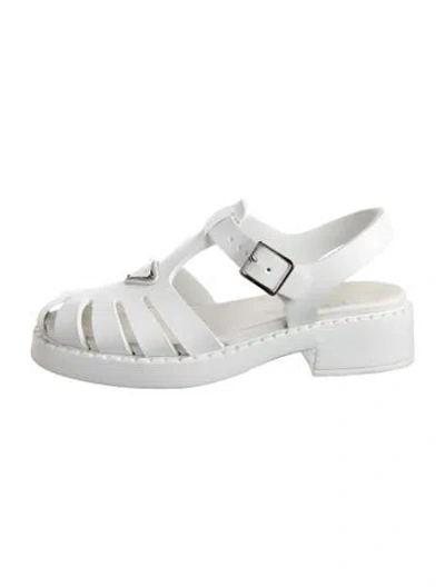 Pre-owned Prada Enameled Metal Triangle Rubber Sandals In White
