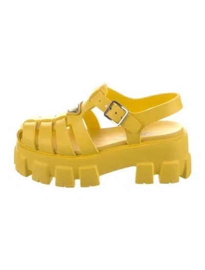Pre-owned Prada Enameled Metal Triangle Rubber Sandals In Yellow