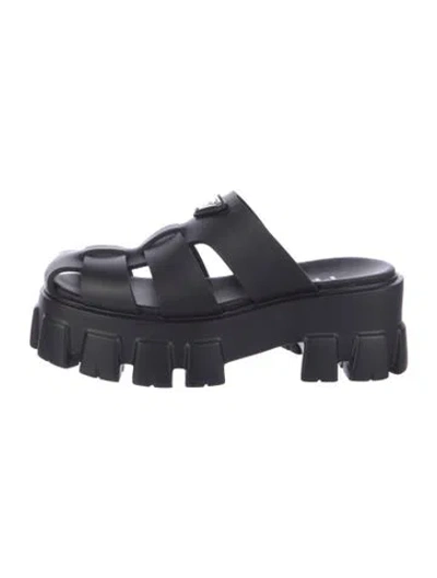 Pre-owned Prada Enameled Metal Triangle Rubber Slides In Black