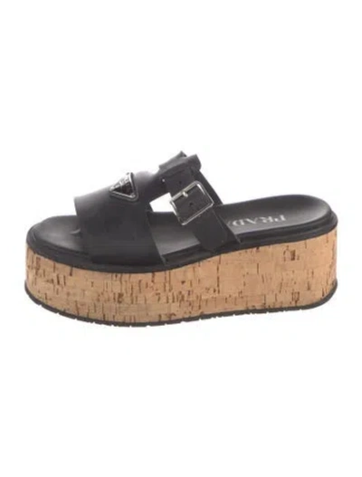 Pre-owned Prada Enameled Metal Triangle Rubber Slides In Black