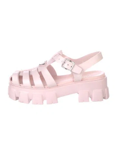 Pre-owned Prada Enameled Metal Triangle Rubber Slingback Flats In Pink