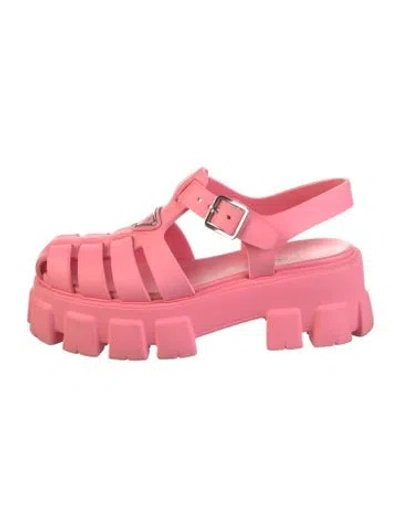 Pre-owned Prada Enameled Metal Triangle Rubber Slingback Flats In Pink