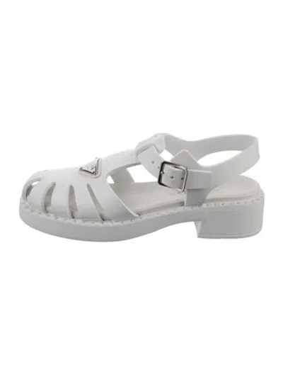 Pre-owned Prada Enameled Metal Triangle Rubber Slingback Flats In White
