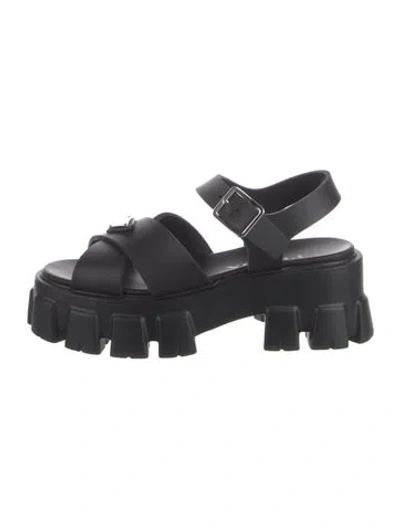 Pre-owned Prada Enameled Metal Triangle Rubber Slingback Sandals In Black