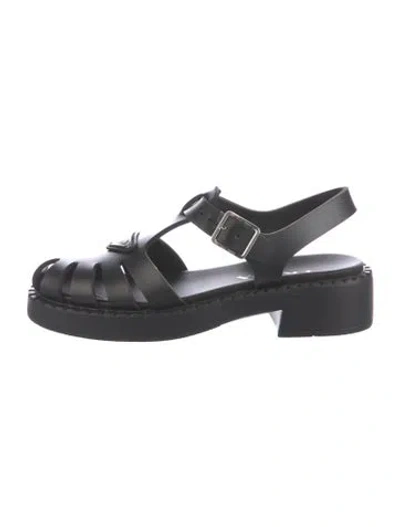 Pre-owned Prada Enameled Metal Triangle Rubber Slingback Sandals In Black