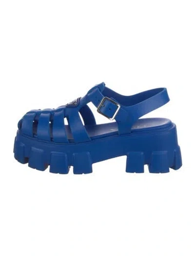 Pre-owned Prada Enameled Metal Triangle Rubber Slingback Sandals In Blue