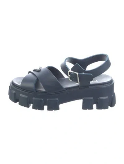 Pre-owned Prada Enameled Metal Triangle Rubber Slingback Sandals In Blue
