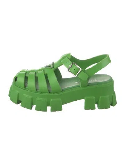 Pre-owned Prada Enameled Metal Triangle Rubber Slingback Sandals In Green