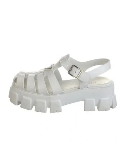Pre-owned Prada Enameled Metal Triangle Rubber Slingback Sandals In White